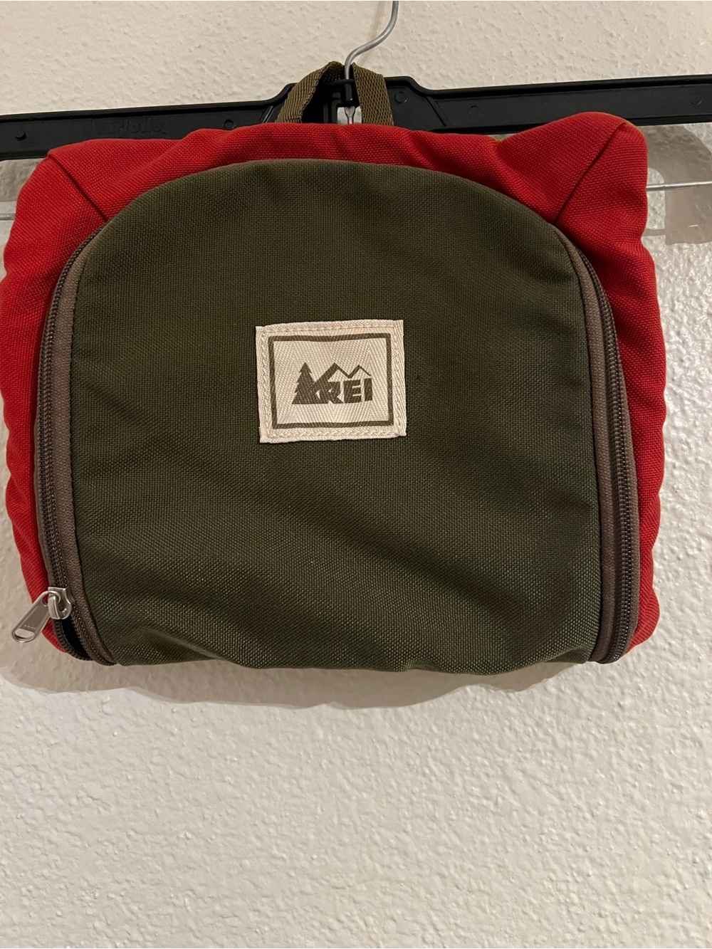 REI Olive Green and Red Travel Toiletry Bag